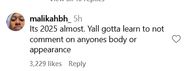 A netizen asks people to not comment on people's appearance or body (image via @malikahbh_ on Instagram)